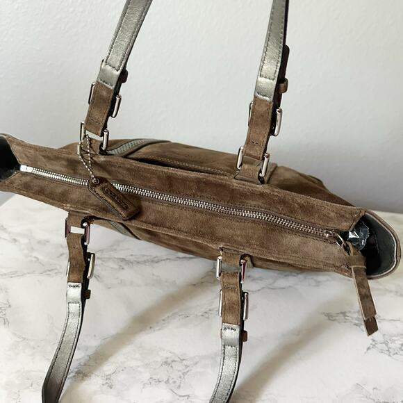 Coach Brown Suede Metallic Beaded Zip Top Shoulder Bag includes Hangtag - Picture 9 of 16